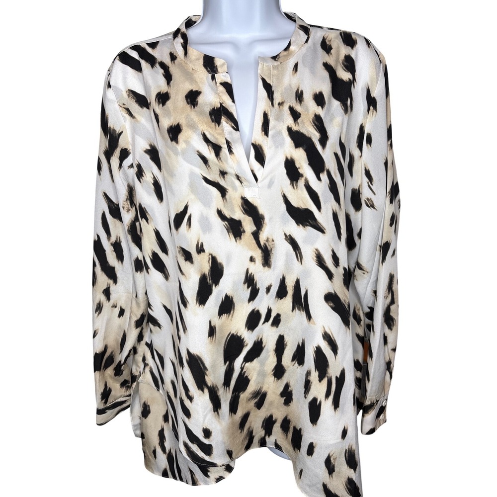 Chicos Womens Animal Print Long Sleeve Tunic Blouse Sz 2/L Flowy Office Mob Wife